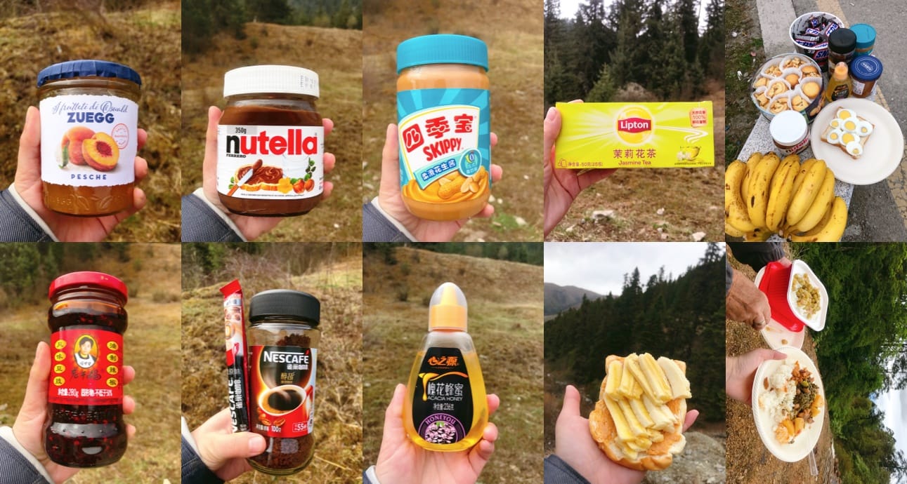 A collage of field breakfast featured during the Sichuan Birding Tour in China, guided by Summer Wong.