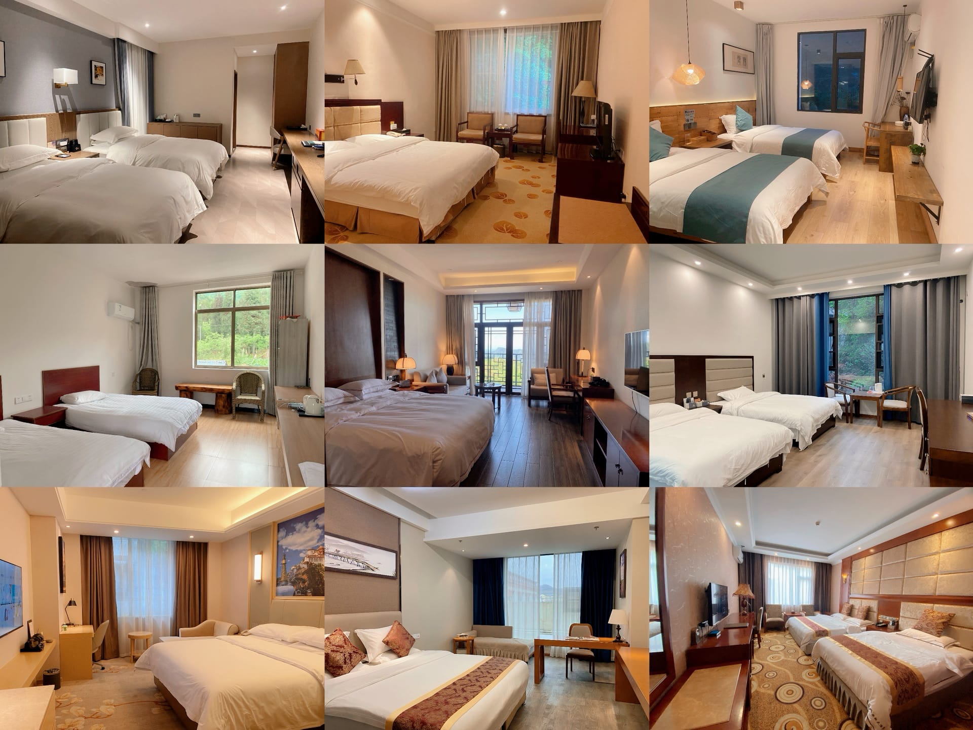 A collage showing all hotels and accommodations used on the Sichuan Birding Tour in China, guided by Summer Wong.